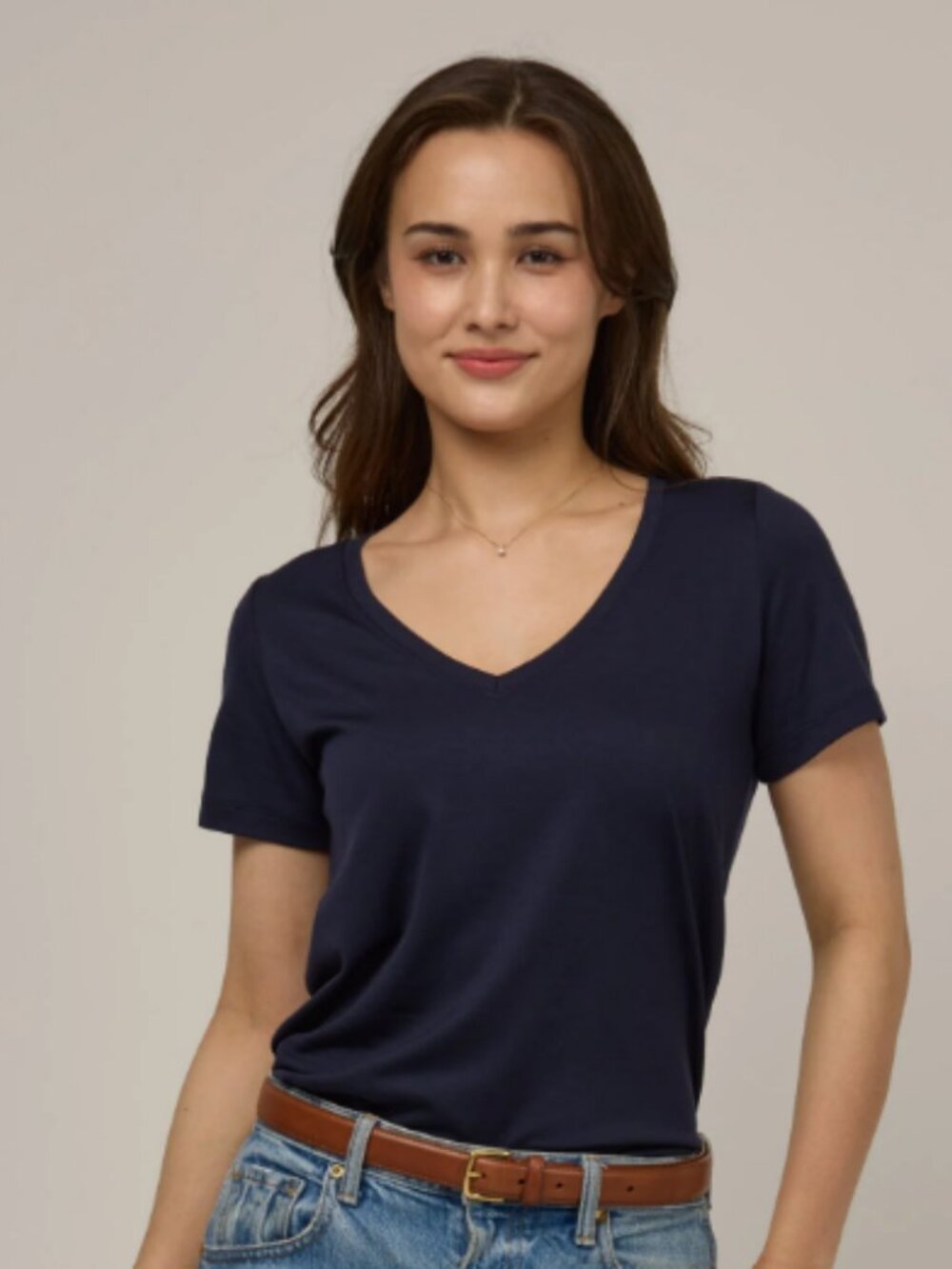 Wool& Morgan Merino Wool V-Neck Tee in Washed Navy Size Small